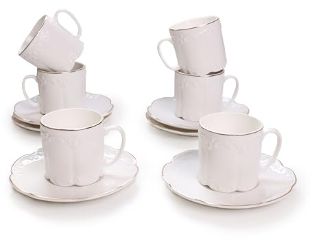 GuangYang 3oz Fine Porcelain Espresso Cups and Saucers,Embossed White with Gold Trim, Demitasse Cup Set for Espresso,Double Espresso,Macchiato,After-dinner coffee servings