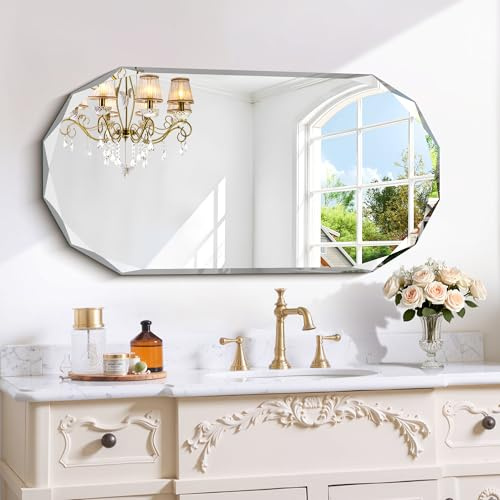 GLASHOM Beveled Edge Frameless Bathroom Mirror, Oval Wall Mirror for Over Sink, 20 x 40 Modern Decorative Vanity Mirror for Bedroom, Living Room,Entryway, Hanging Mirror Horizontal or Vertical