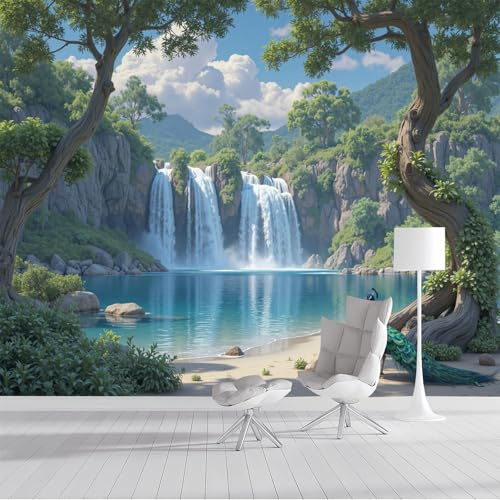 ZISTRCBAO Carta Da Parati Panoramica in Seta Pavone Della Cascata Della Foresta 150x105cm, Scenario Naturale Carta Da Parati Fotomurale per Soggiorno Camera Ristorante Decorazione Da Parete, Verde