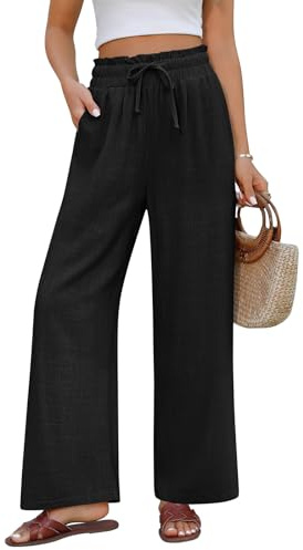 UMIPUBO Pantaloni Lino Donna Estivi Casual Cotone Pantalone Larghi Elastica Vita Alta Leggeri Elegante Gamba Dritta Palazzo con Coulisse Comodi Pantaloni da Spiaggia con Tasche (Nero, M)