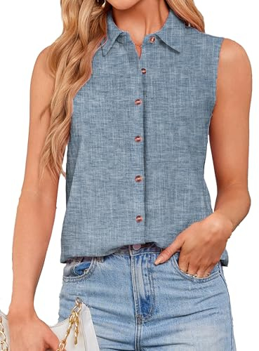 AXUIOKRY Denim Tank Top Women Sleeveless Button Down Shirts Office Work Summer Chambray Blouses Denim Blue S