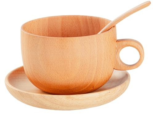 Wooden Tea Cup Set | 290ml Natural Wood Tableware with Spoon | Set and Spoon | for Golf Winter Garden Balcony Patio Outdoor Picnic Home Camping Party Whisky