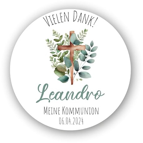 LittleVeeDesign 24 personalisierte Aufkleber Vielen Dank mit Eukalyptus und Kreuz| Kommunion, Taufe, Konfirmation | personalisiert mit deinem Wunschnamen | runde Sticker 4 cm
