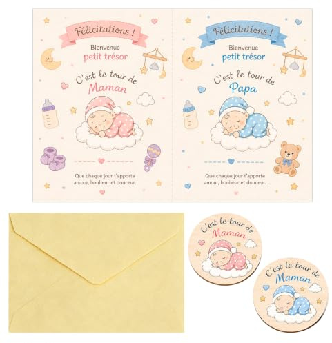AHEZQILU Cadeau Naissance, Coffret Bebe avec Carte Naissance Fille Garcon et 2 Étiquettes en Bois Recto Verso, Cadeau Gender Reveal pour Parents