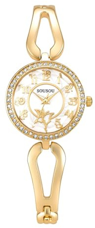 JSDDE Montre Femme Quartz Jonc Boîtier Or Pavé Strass avec Motif Papillon | Montre Bangle Analogique Quartz Cadran Blanc Chiffres Arabes à Cristal Facetté Elegant Montres Habillée pour Poignets Fins