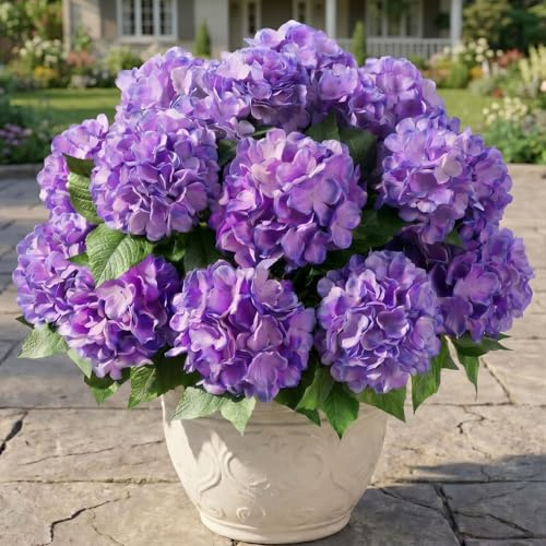 Sousi Hydrangea Artificial Flower for Outdoor, 8 Bundles Fake Hydrangea Bush Plant UV Resistant for Outdoors Front Porch Indoor Home Garden Decor (8, Light Purple)