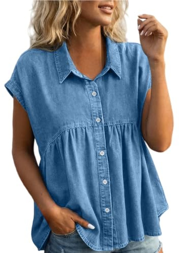 Dammössa ärm denim skjorta med knäppning krage veckad gunga peplum blus | Sommar denim toppar, kortärmad jean-tunika, Chambray skjorta för arbetskläder