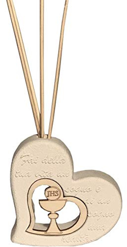 Regalami.shop, Bomboniera Prima Comunione (Linea Amelie), profumatore cuore mamo cm 8x8 con calice in legno, completo di scatola, biglietto, essenza e confetti