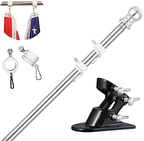 TALITARE Kit Asta Bandiera di Alluminio Argento 180cm con Staffa Asta Bandiera in Acciaio Inossidabile, Set Pennone per Bandiera con Anello Rotanti per Montaggio a Parete Regolabile/Base Nero