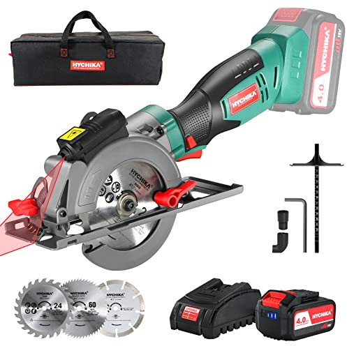 HYCHIKA Sega Circolare 18V, Mini Sega Circolare a Batteria 3500RPM con Guida Laser e Borsa di Stoccaggio, Profondito di Taglio Massima 48mm e 32mm, 3 Lame, per Legno, Tagliare Piastrelle, Metallo
