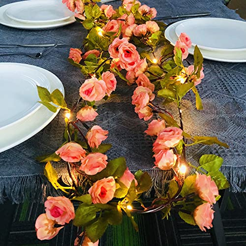 Riaxuebiy Künstliche Seide Rose Blumen Lichterketten 69 Blumen 2m 20 LED Reben Girlande Fee Lampe Kranz USB Angetrieben für Weihnachten Hochzeitsfeier Dekoration (Rosa, USB)