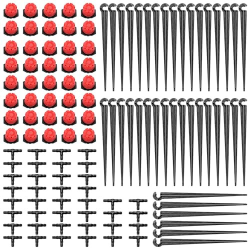 120 Stücke Automatische Tropf Bewässerung Set, VooGenzek 40 Einstellbare Micro Drip Tropfer + 40 T-Steckverbinder + 40 Micro Drip Rohrhalter für Schlauch 4/7mm, für Garten, Rasen, Gewächshaus, Rot