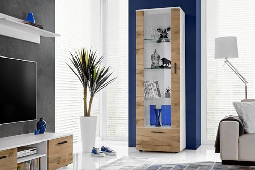 Komodee, Vitrine Schrank Alessandria, Weiß/Wotan, Breite 60cm x Höhe 192cm x Tiefe 42cm, ohne LED, 3 Glasböden, 1 Regal aus laminierter Platte, für Wohnzimmer, Schlafzimmer