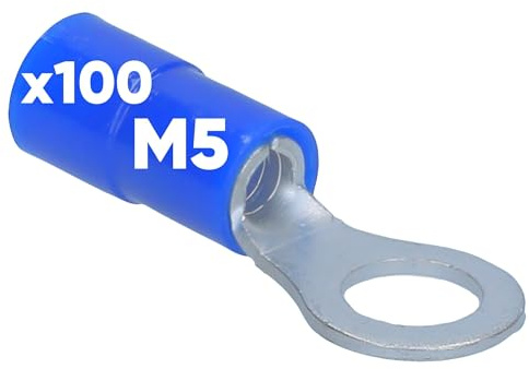Kalitec 100x Ringkabelschuh 1,5-2,5mm² - M5 Kabelschuh Teilisoliert Blau | Hochwertige Kupfer Quetschverbinder mit PVC Kragen - Robuste Kabelklemmen für KFZ, Hifi und sichere Elektroinstallationen