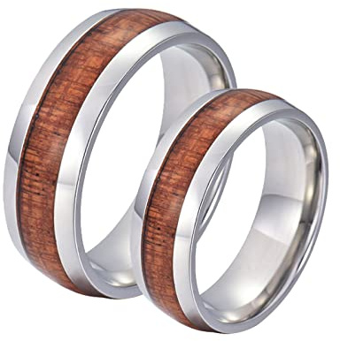Gualiy Edelstahl Ring Partner, Ringe für Paare Set 8mm Silber Ring Einlegen Holz Größe 52 (16.6)-67 (21.3)
