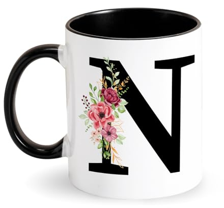 Tarklanda Personalisierte Tasse Buchstabe Kaffeetasse, Alphabet Keramiktasse, Tasse mit Blumen Initial, Geschenke für Freund Tochter Mama Oma Schwester Gattin Kollegin Frauen Geburtstag Muttertag (N)