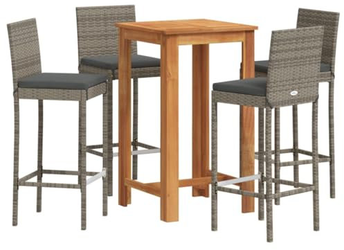 vidaXL Gartenbar Set 5-TLG., Bar Tresen Theke Bartisch Barhocker, Barset Sitzgruppe für Garten Terrasse, Gartentheke Gartenmöbel, Grau Massivholz Akazie Poly Rattan