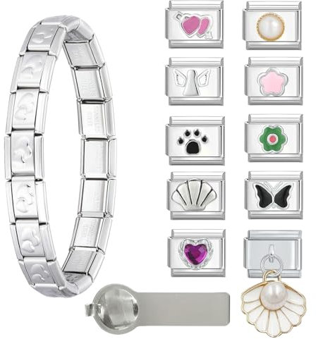 Moguri Lot de bracelets avec 1 bracelet de démarrage, 9 breloques élégantes et outil d'ouverture, 9 mm, pour femme, fait main, DIY, compatible avec les grandes marques de breloques