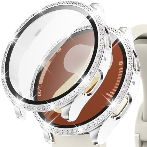 Kamita Diamond Skyddshölje Fodral Kompatibel med Samsung Galaxy Watch 7 44 mm, hårt PC Stötfångare Fodral med 9H Härdat Glas Glitter Skärmskydd för Galaxy Watch7 (Vit-Silver)