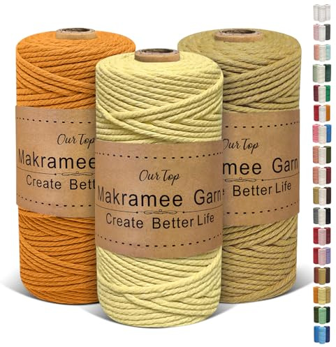 OurTop Corda Macramè 3mm Set, 3mm x 100m Filo Macrame Corda Macramè Filo Morbido Filato Macrame per Fai Da Te, Artigianato, Lavori a Maglia(Giallo Chiaro, Giallo Scuro, Marrone Chiaro)