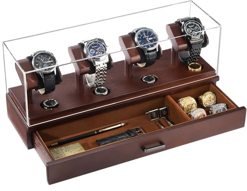 ProCase Holz Uhrenbox, 4 Slots Uhrenanzeige mit abnehmbarer Acrylabdeckung, 2 Ebenen hölzerner Uhrenständer mit Schublade, Uhrenaufbewahrung Uhrenkoffer Watch Display Case für Herren -Espresso