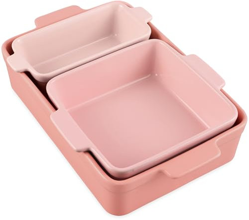 Best Choice Products 3-Piece Ceramic Bakeware Set, Stoneware Baking Dishes, Porcelain Casserole Bakeware Dishes, Serving Dishes - 9x12 Casserole, Loaf Pan, 8x8 Baking Dish - Pink Champagne