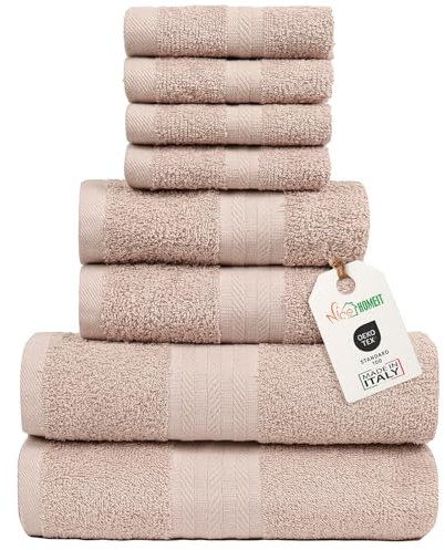 Nice Homeit - Set 8 Toallas para Manos y Cara 40x75 cm de Invitados y Bidé, 100% Algodón Altamente Absorbentes, Suave, Ligera y de Secado Rápido - Fabricada en Italia (Polvo)