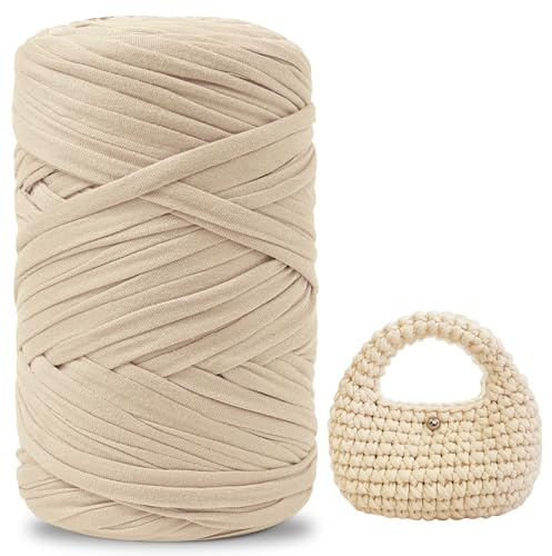 Fettuccia per Borse a Uncinetto，400 g Filato per Uncinetto, Filato Tessile per Cestini all'uncinetto, Adatto per la Realizzazione di Borse, Sacchetti, Tappeti, Artigianato Fai-da-te Beige