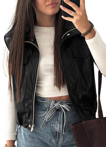 EVALESS Womens Leather Vest Fall Outfits Fashion 2025 Sleeveless Faux Leather Jacket Zip Up Stand Neck Leather Vest Top Solid Casual Clothing Coats Clothes Large