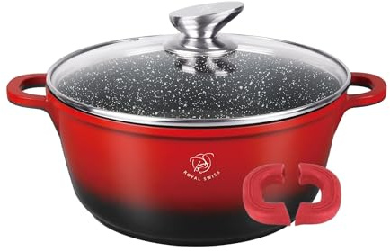 Royal Swiss Faitout 24 cm Rouge 4 L – Revêtement Marbre Antiadhésif, Couvercle en Verre, Compatible Induction & Four, Fonte d’Aluminium, Poignées Silicone Amovibles (Rouge, 24 cm)