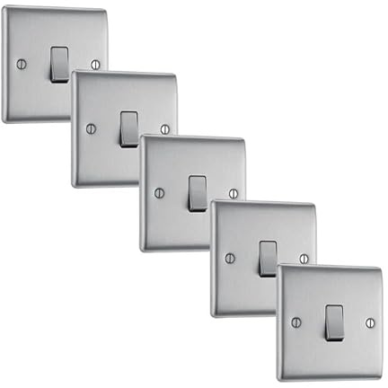 BG Nexus Metal Single Light Switch NBS12, 2 Way, Brushed Steel Finish, Round Edge, 20A 16AX, Pack of 5