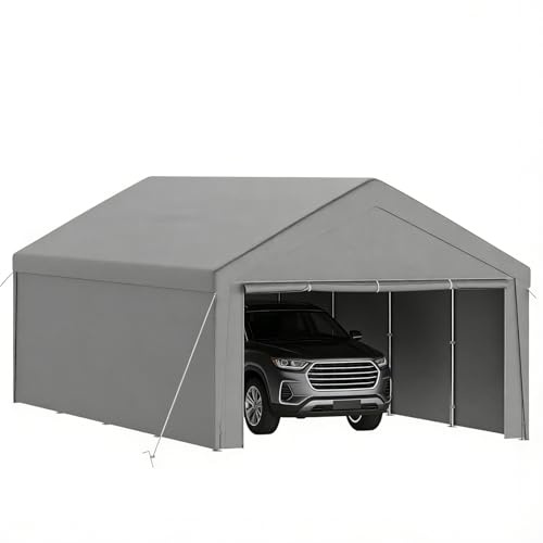 Ferzone Carport Zeltgarage 4x8m, Lagerzelt Winterfest Wasserdicht UV-beständig mit Metallrahmen& PE-Plane, Gerätehaus Fahrradgarage Gartenhaus mit Rolltore für Auto Motorrad LKW SUV Boot Fracht, Grau