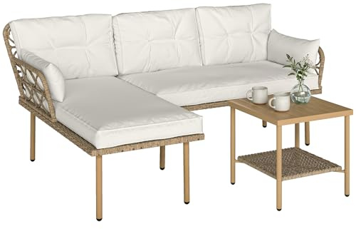 Outsunny Set di Mobili da Giardino in Rattan 3 Pezzi, Salotto da Esterno con Divanetto 2 Posti, Chaise Longue con Cuscini Lavabili e Tavolino da Caffè, Set Giardino Esterno, Crema