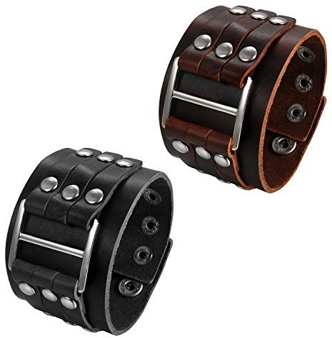 Flongo Herrenarmband Männer Armband Lederarmband groß breit Leder Armreif mit Totenkopf Schädel Nieten Geflochten Ketten Schwarz männer Accessoires punk Biker Größen verstellbar
