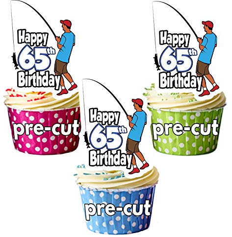 AK Giftshop PRECUT Fishing Fisherman - 65th Birthday - Edible Cupcake Toppers/Cake Decorations - Mens - Son - Husband - Dad (Pack of 12)