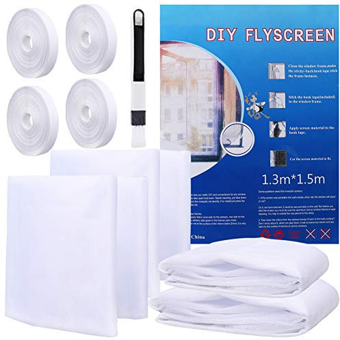 YANGTE Moustiquaire pour Fenêtre 4 Pièces - 130 x 150 cm - Blanc Filet Anti-Insectes avec Bande Auto-Agrippante - sans Perçage Moustiquaire Fenêtre Auto-Adhésive