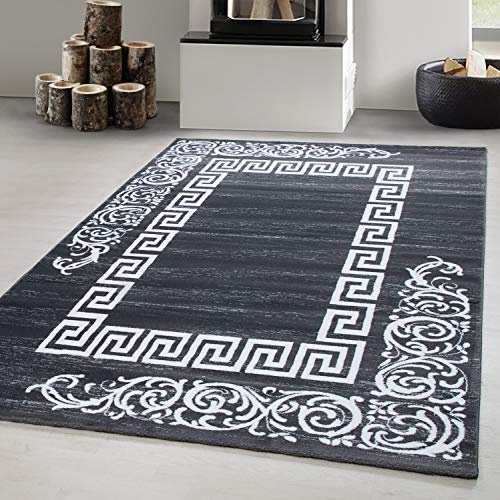 Carpetsale24 Kurzflor Teppich 120x170 cm, Modern Mäander Design in Grau Weiß, Pflegeleicht, ideal für Wohnbereich, Jugendzimmer oder Essplatz