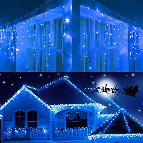 Joomer Navidad Cortina Luces Exterior, 12M 400LED Guirnaldas Luminosas de Exterior con Temporizador 8 Modos IP44 Impermeable Cascada Luces para Interiores Balcón Alero Navideña Decoración(Azul)