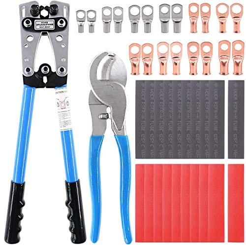 Glarks 42Pcs Battery Cable Lug Crimping Tool Wire Crimper with Cable Cutter and Wire Lugs Ring Terminal Connectors and Heat Shrink Tubing for 10, 8, 6, 4, 2, 1/0 AWG Wire Cable Cutting and Crimping