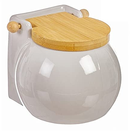 Salero original cerámica cuadrado con tapa madera12x12x12 cm (Blanco redondo)
