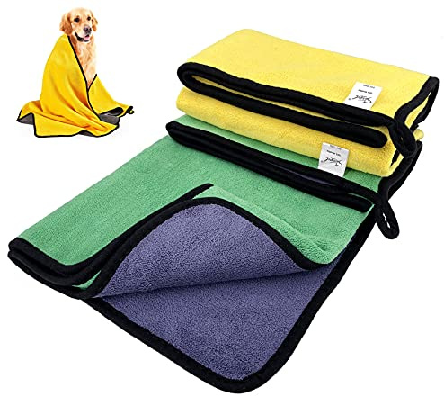 Kwispel Dog Towel - 2 Pack Large Dog Bath Towel Super Absorbent Microfiber Beach Towels for Quick Drying Small Medium Large Dogs and Cats, Machine Washable,55.1x27.5 inch,Yellow Green