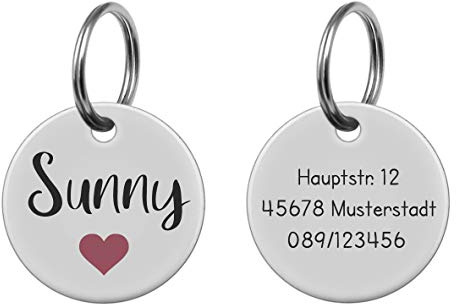 Hundemarke mit Gravur personalisiert Edelstahl Name rund Silber Klein | hochwertige Tiermarke, Premium Lasergravur, mit Schlüsselring, modern, Telefonnummer, Adresse