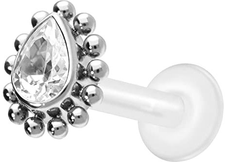 PIERCINGLINE PTFE Labret mit Gewinde TITAN AUFSATZ KRISTALLTROPFEN Piercing Lippe Nase Ohr Helix Silberfarben 1,6 x 6 mm