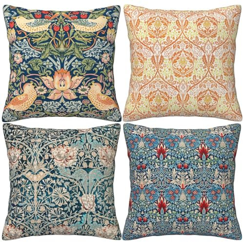 HOSTECCO Vintage Floral Cushion Covers 45x45 cm Pack of 4 William Morris CC0 Designs Art Pillow Covers Farmhouse Decorative Pillow Cases for Sofa Couch Bed