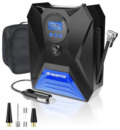 E-SMARTER Car Tyre Inflator Air Compressor, Car Tyre Inflator 12v, Protable Tyre Pump 120W/150 PSI/10.5 Bar with 3 Nozzle Adaptors, LED Light, Suitable for Bicycle, Motorcycle, Ball