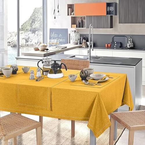 INTRECCI Tovaglia Cotone, Tovaglia Rettangolare 14/16 Posti, 140x300 cm, Grande ed Elegante, Non Scolora, Resistente, Tinta Unita. Colore: Senape