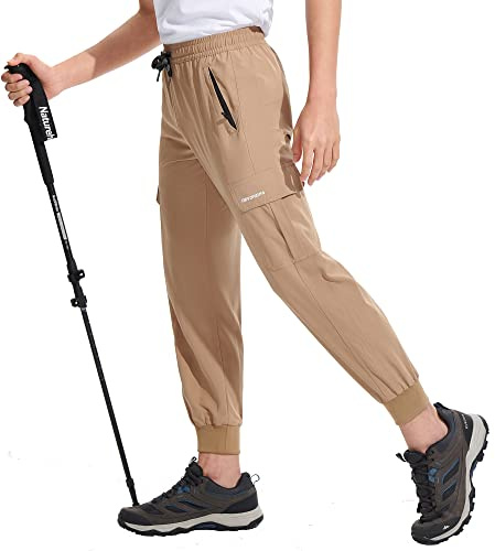 DEVOROPA Boys Joggers Lightweight Hiking Cargo Pants Water Resistant UPF 50+ Quick Dry Youth Kids Athletic Running Pants Khaki M
