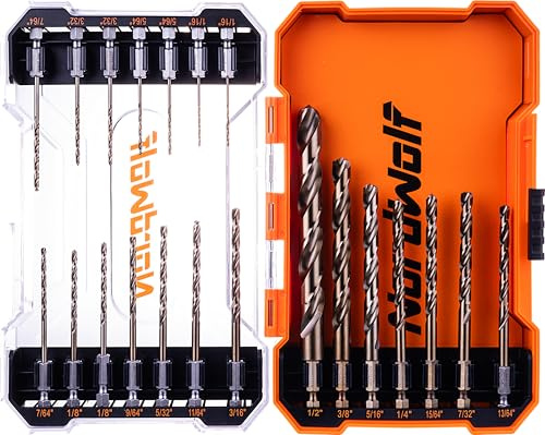 NordWolf 21-Piece M35 Cobalt Drill Bit Set for Stainless Steel, Hard Metals & Cast Iron, Jobber Length with 1/4 Hex Shank, SAE Sizes 1/16 to 1/2 in Storage Case