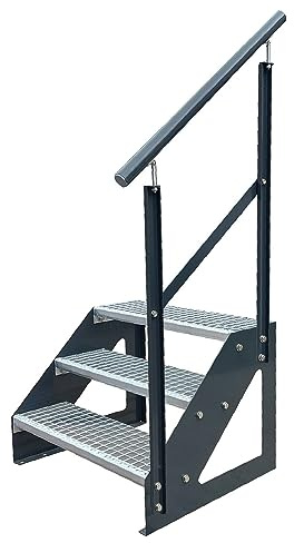 Kaminbau Mierzwa Premium Treppe Anthrazit Freistehend 3 Stufen(Verzinkt) Geländer Rechts (Breite 1000 mm) (Höhe 57cm) Wetterfest Gitterroststufe Gartentreppe