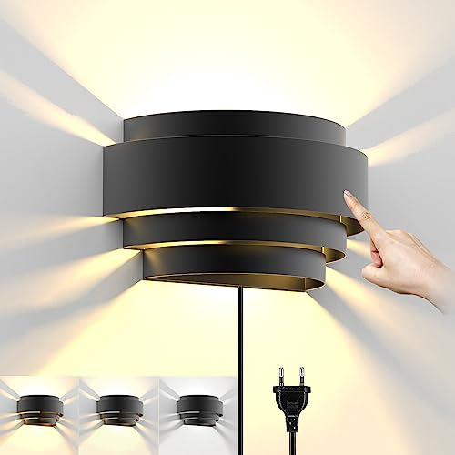 LED Wandleuchte Mit Stecker Dimmbar Nachttischlampe Touch Control Leselicht Modern Wandlampe Innen Wandbeleuchtung aus Acryl Für Schlafzimmer Wohnzimmer Nachttisch Treppen Flur Küche, 9W (Schwarz)